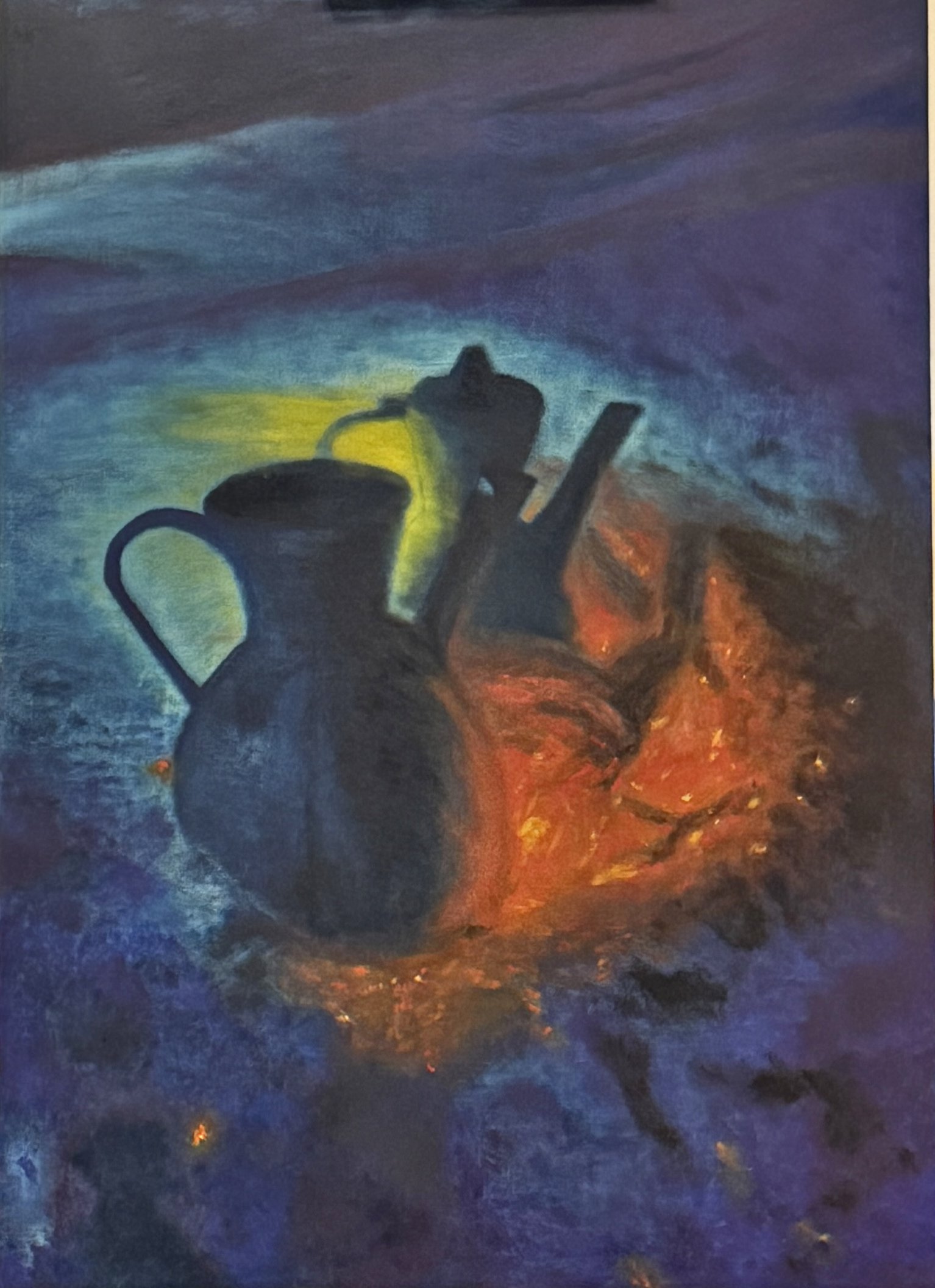 Oil painting of vessels and fire in deep blue and orange